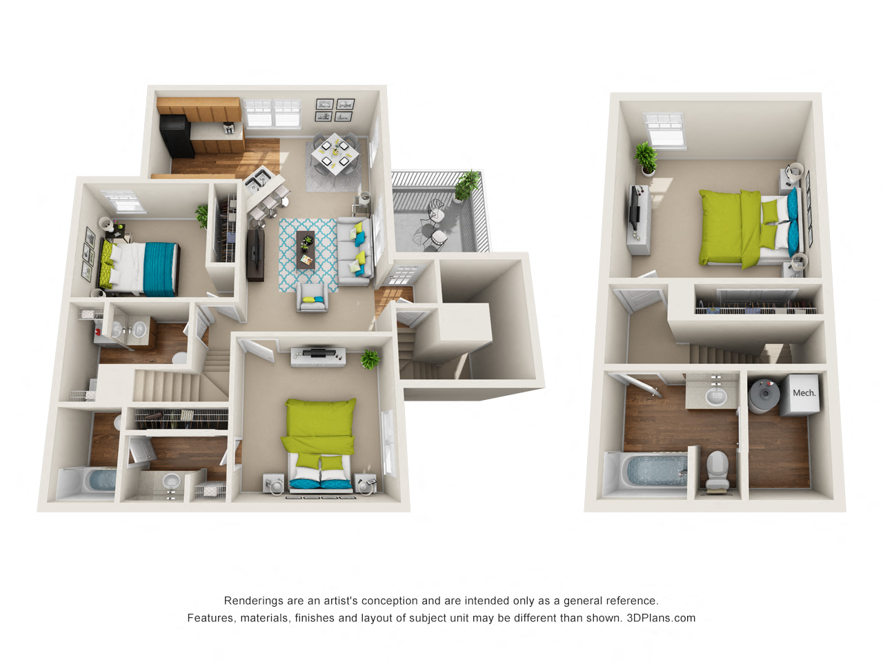 Floor plan for 3 beds, 2.5 baths, 1375 sqft